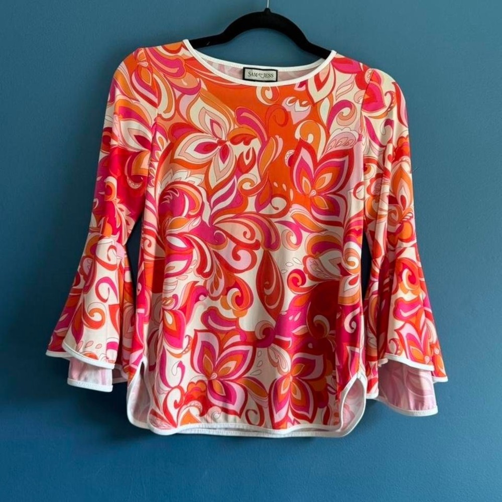 Y2K Pink Orange Bell Sleeve Blouse Women's Size Petite XS Retro Groovy 70s Party